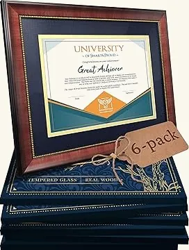 Mahogany Diploma Frame — Blue Mat with Golden Rim, 6-Pack