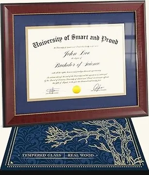 Mahogany Diploma Frame — Blue Mat with Golden Rim