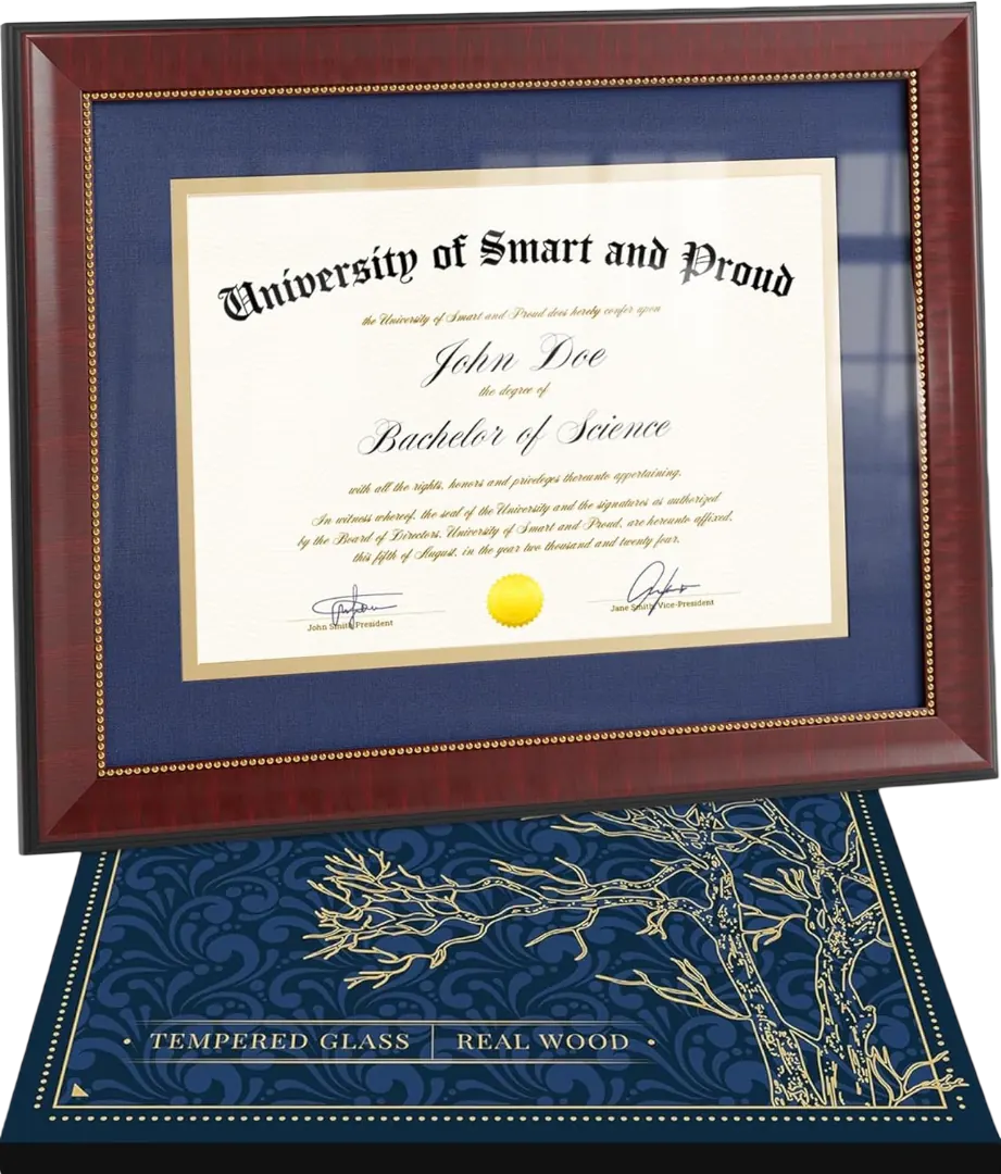 Smart & Proud mahogany diploma frame with navy and gold mat above its gift box